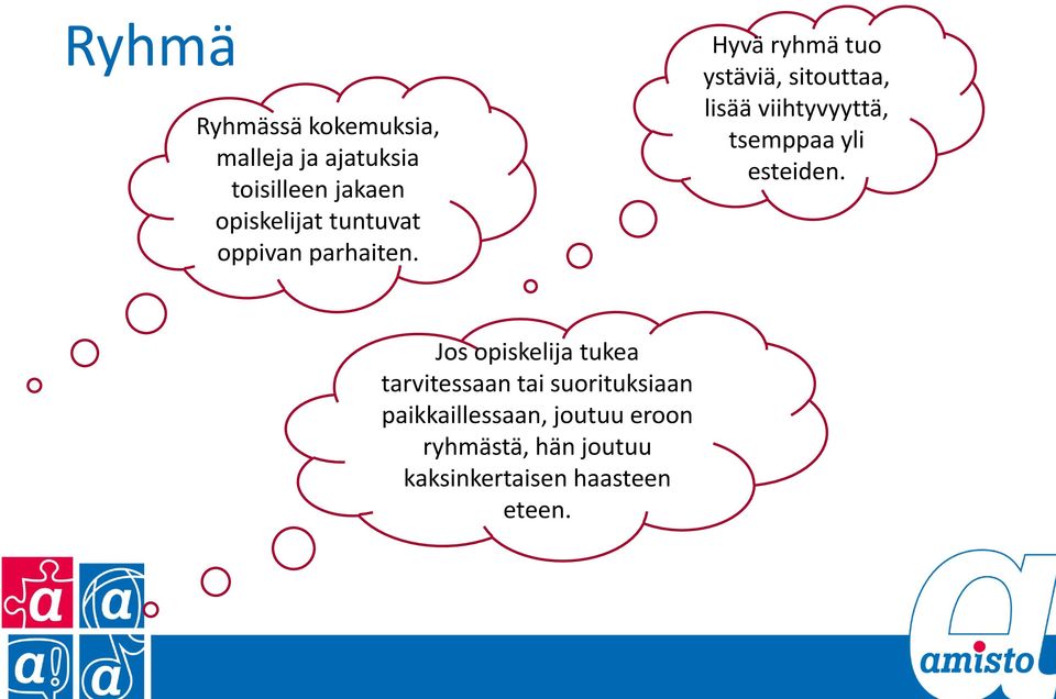 Hyvä ryhmä tuo ystäviä, sitouttaa, lisää viihtyvyyttä, tsemppaa yli esteiden.