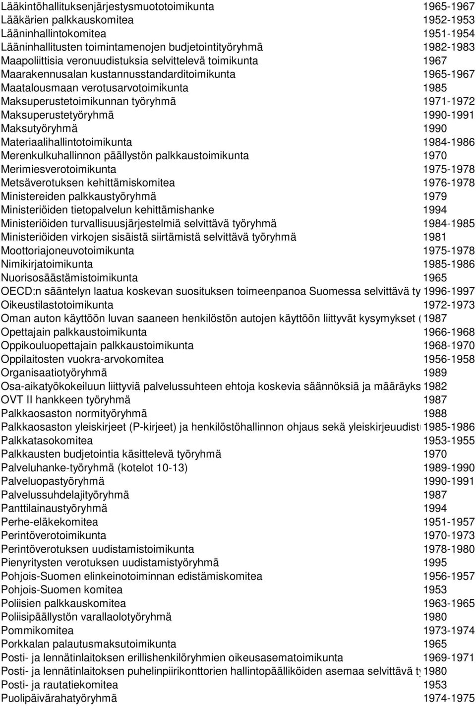 Maksuperustetyöryhmä 1990-1991 Maksutyöryhmä 1990 Materiaalihallintotoimikunta 1984-1986 Merenkulkuhallinnon päällystön palkkaustoimikunta 1970 Merimiesverotoimikunta 1975-1978 Metsäverotuksen