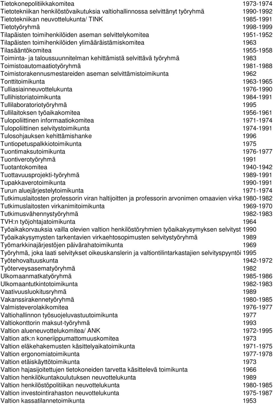 selvittävä työryhmä 1983 Toimistoautomaatiotyöryhmä 1981-1988 Toimistorakennusmestareiden aseman selvittämistoimikunta 1962 Tonttitoimikunta 1963-1965 Tulliasiainneuvottelukunta 1976-1990