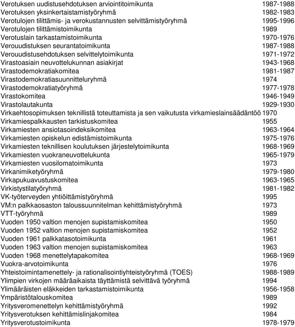 asiakirjat 1943-1968 Virastodemokratiakomitea 1981-1987 Virastodemokratiasuunnitteluryhmä 1974 Virastodemokratiatyöryhmä 1977-1978 Virastokomitea 1946-1949 Virastolautakunta 1929-1930