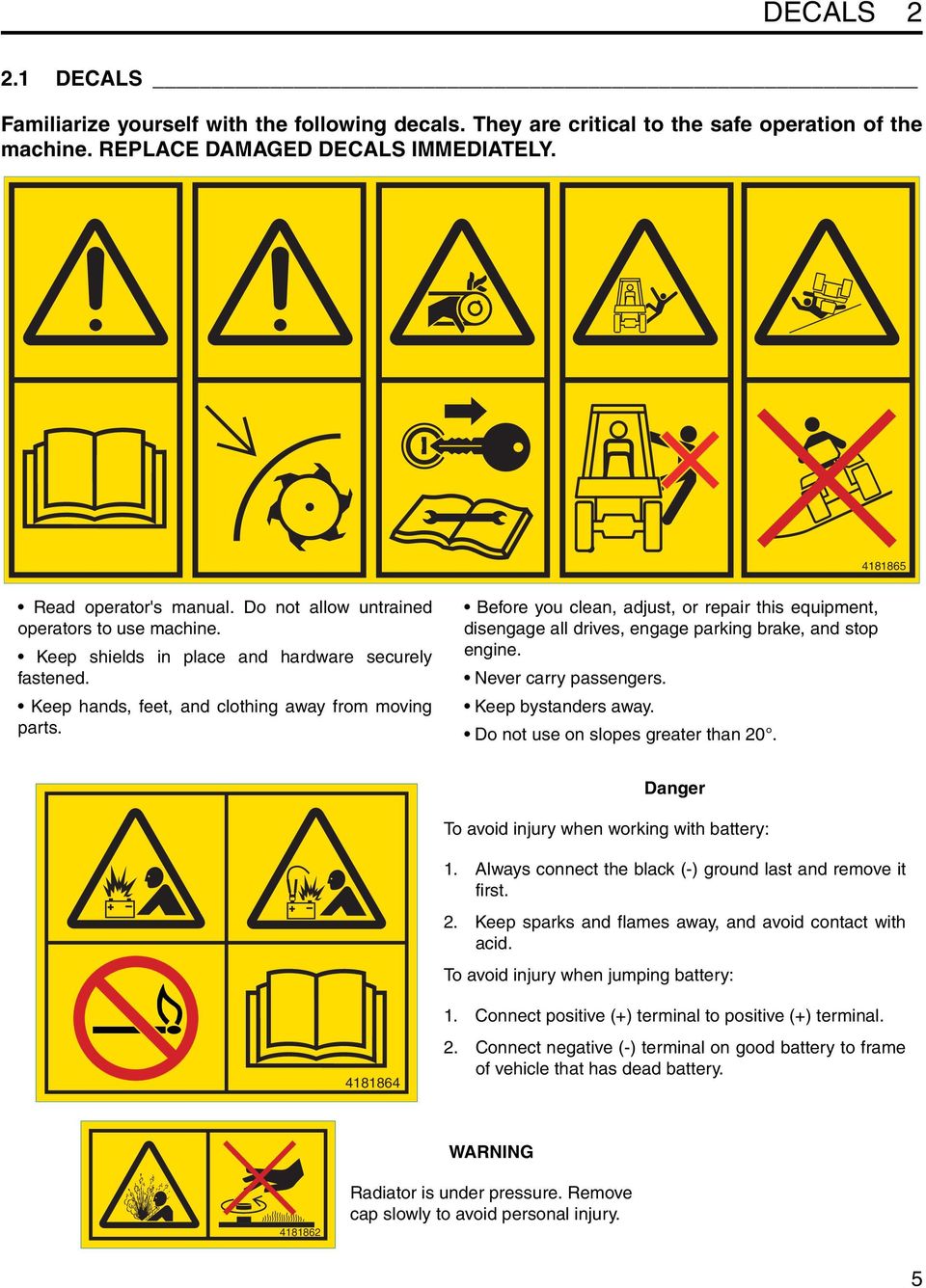 Before you clean, adjust, or repair this equipment, disengage all drives, engage parking brake, and stop engine. Never carry passengers. Keep bystanders away. Do not use on slopes greater than 20.