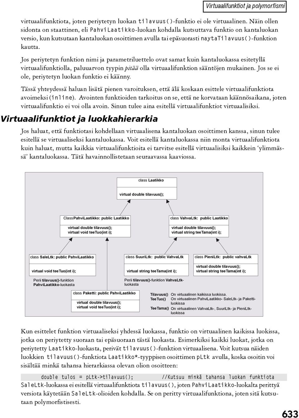 kautta. Jos periytetyn funktion nimi ja parametriluettelo ovat samat kuin kantaluokassa esitetyllä virtuaalifunktiolla, paluuarvon tyypin pitää olla virtuaalifunktion sääntöjen mukainen.