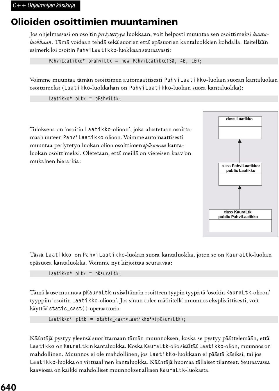 Esitellään esimerkiksi osoitin PahviLaatikko-luokkaan seuraavasti: PahviLaatikko* ppahviltk = new PahviLaatikko(30, 40, 10); Voimme muuntaa tämän osoittimen automaattisesti PahviLaatikko-luokan