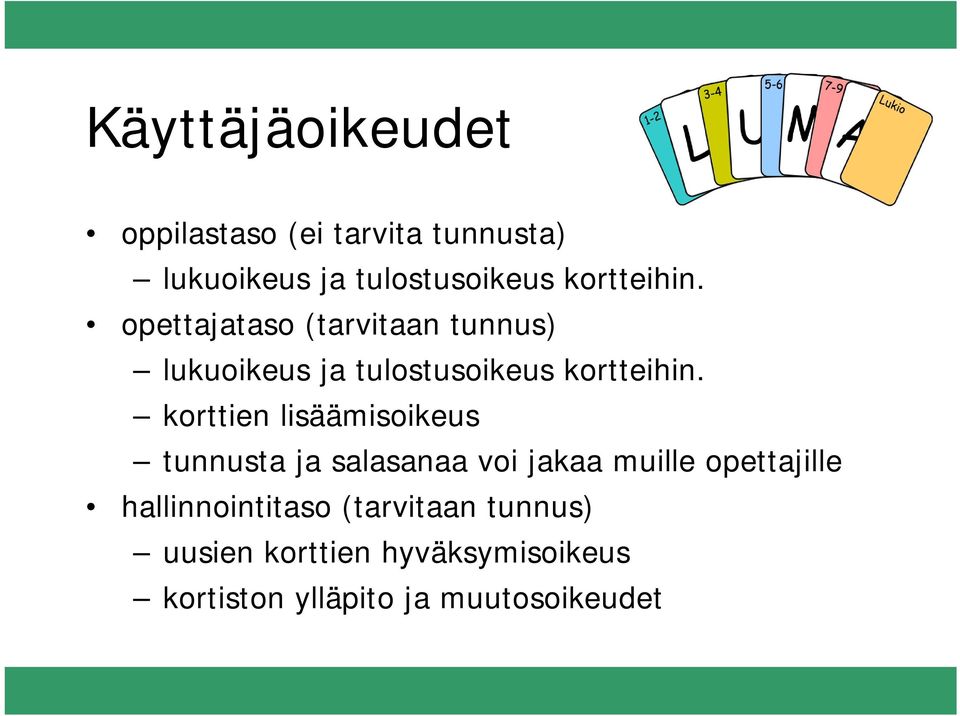 korttien lisäämisoikeus tunnusta ja salasanaa voi jakaa muille opettajille