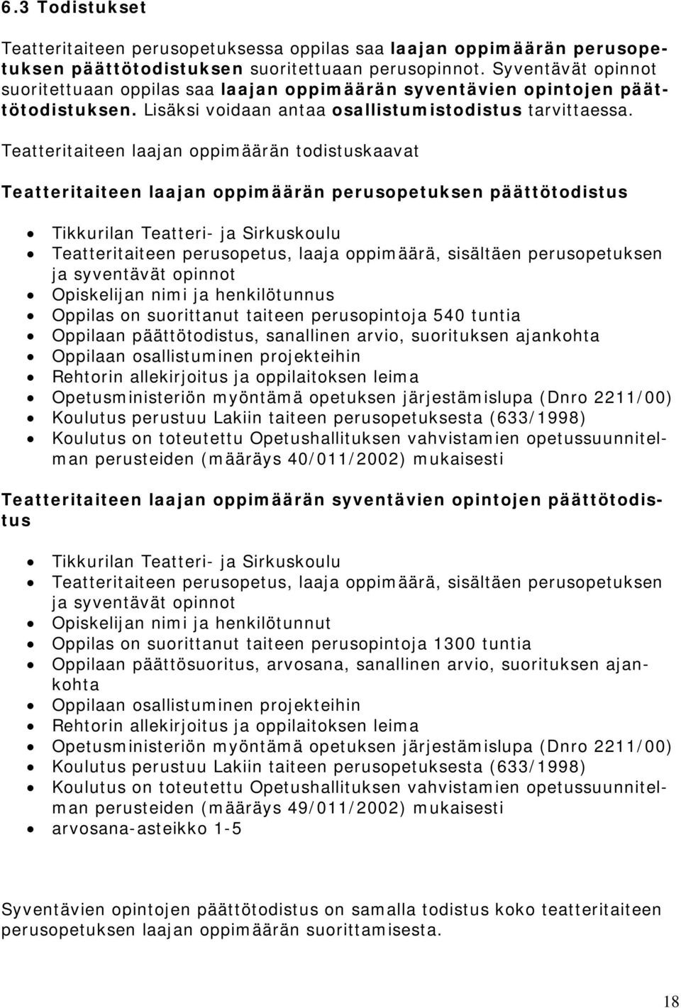 Teatteritaiteen laajan oppimäärän todistuskaavat Teatteritaiteen laajan oppimäärän perusopetuksen päättötodistus Tikkurilan Teatteri- ja Sirkuskoulu Teatteritaiteen perusopetus, laaja oppimäärä,