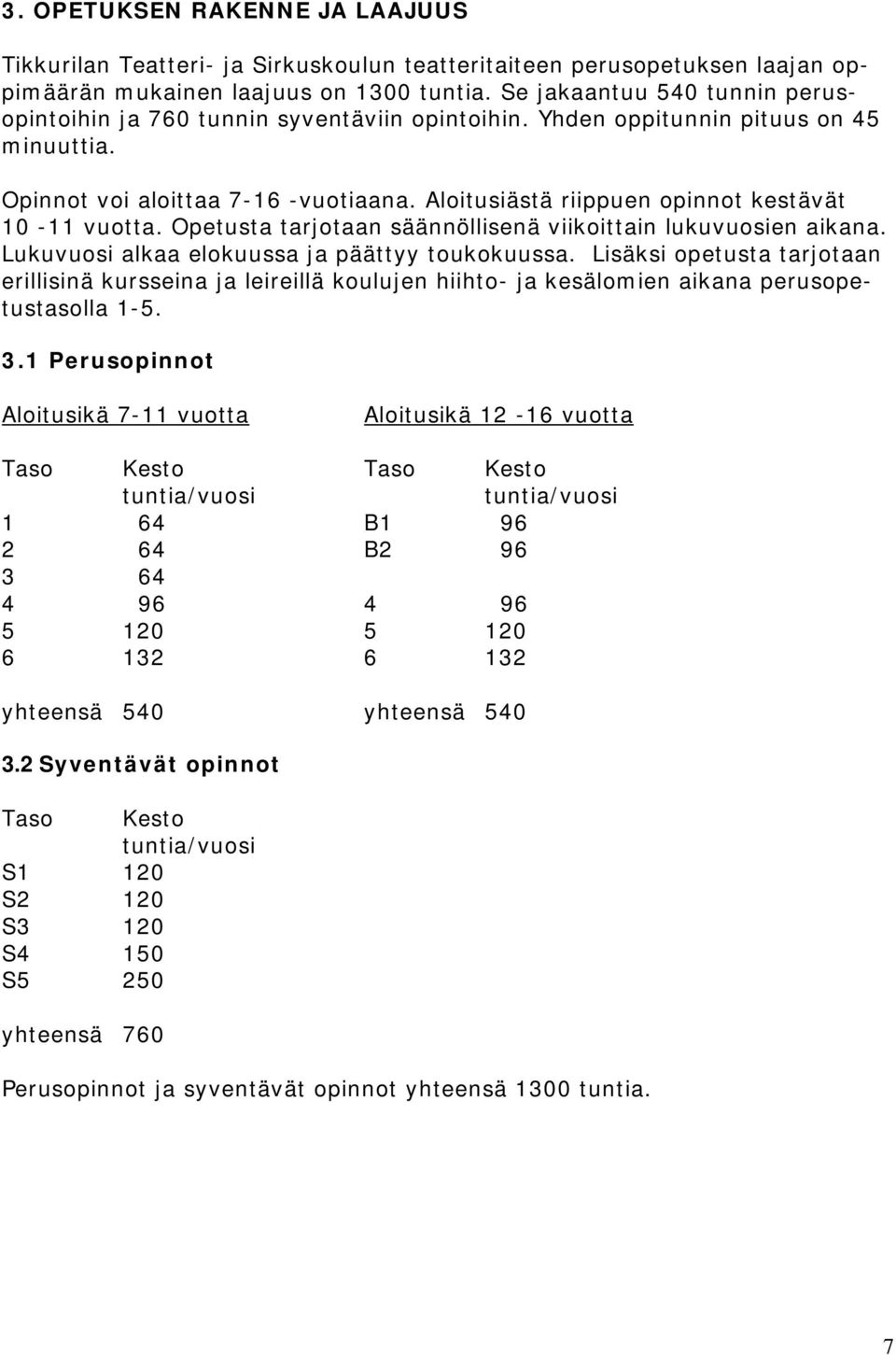 Aloitusiästä riippuen opinnot kestävät 10-11 vuotta. Opetusta tarjotaan säännöllisenä viikoittain lukuvuosien aikana. Lukuvuosi alkaa elokuussa ja päättyy toukokuussa.