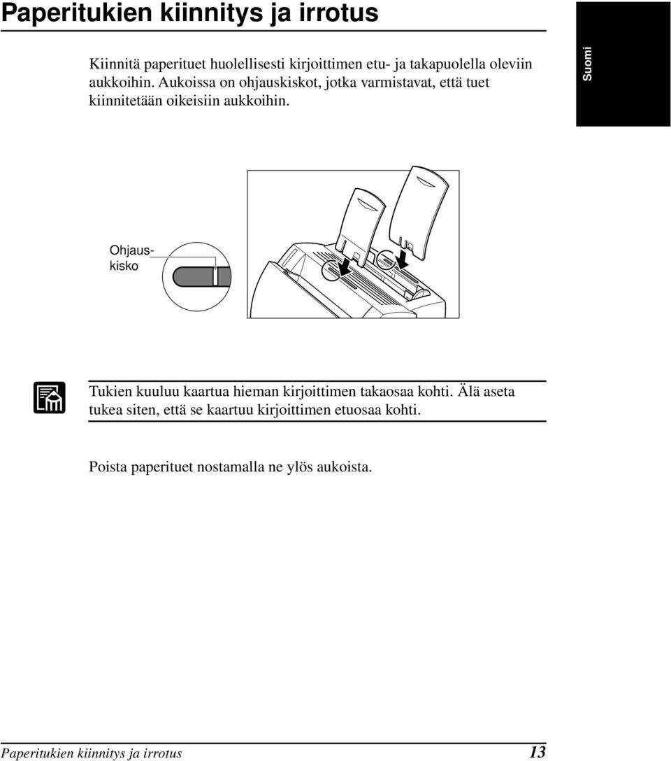 Suomi Ohjauskisko Tukien kuuluu kaartua hieman kirjoittimen takaosaa kohti.