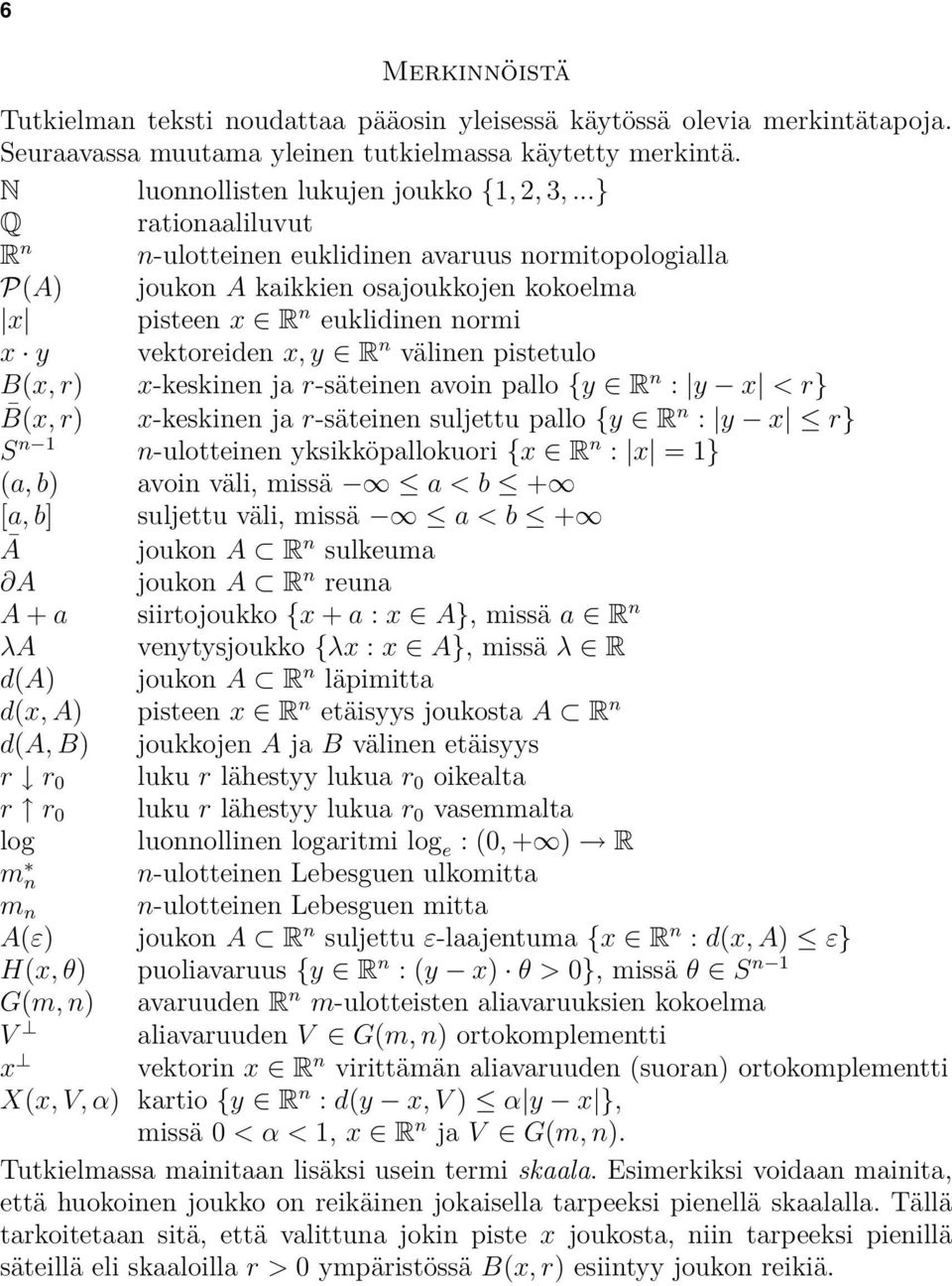 pistetulo B(x, r) x-keskinen ja r-säteinen avoin pallo {y œ R n : y x <r} B(x, r) x-keskinen ja r-säteinen suljettu pallo {y œ R n : y x Æ r} S n 1 n-ulotteinen yksikköpallokuori {x œ R n : x =1} (a,