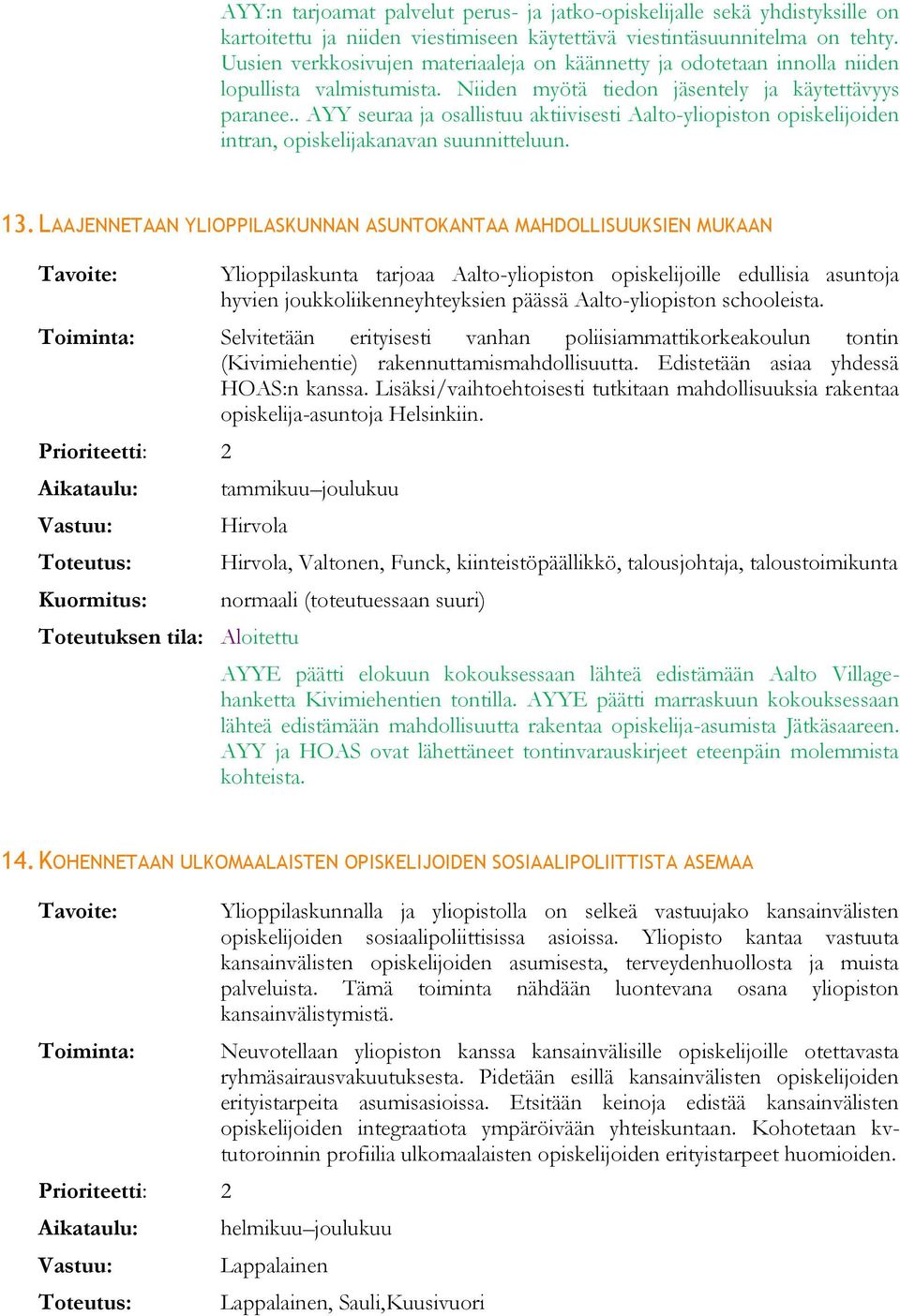 . AYY seuraa ja osallistuu aktiivisesti Aalto-yliopiston opiskelijoiden intran, opiskelijakanavan suunnitteluun. 13.