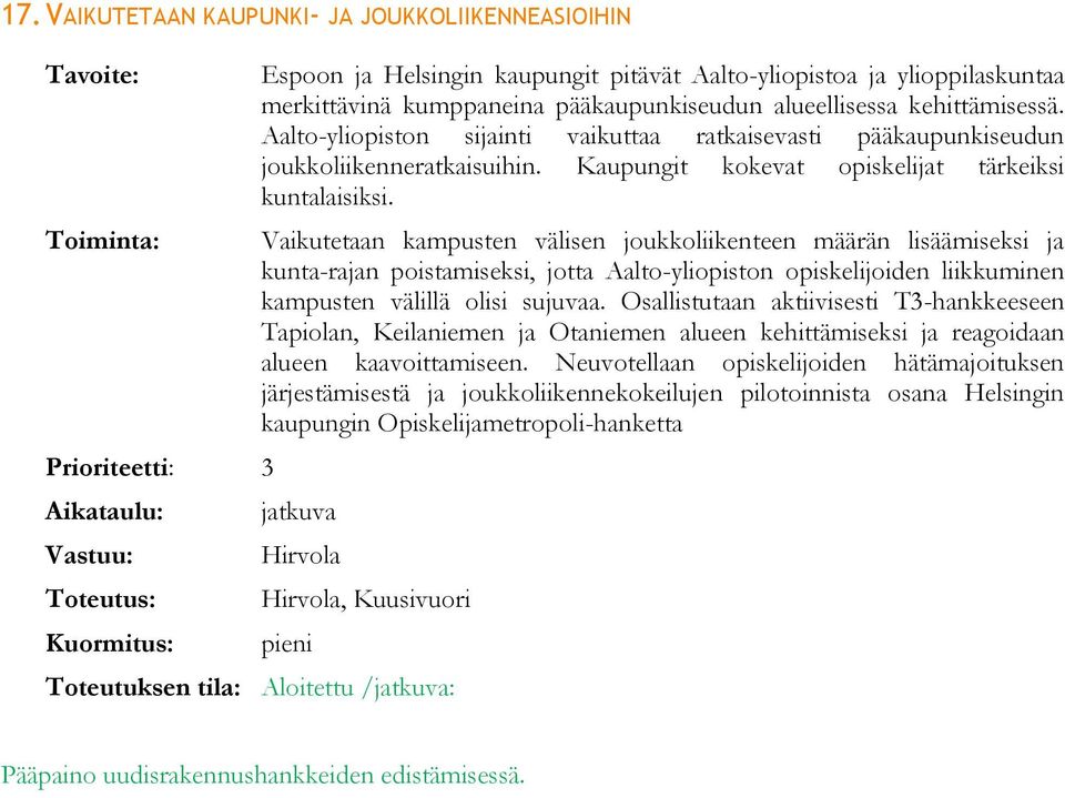 Vaikutetaan kampusten välisen joukkoliikenteen määrän lisäämiseksi ja kunta-rajan poistamiseksi, jotta Aalto-yliopiston opiskelijoiden liikkuminen kampusten välillä olisi sujuvaa.