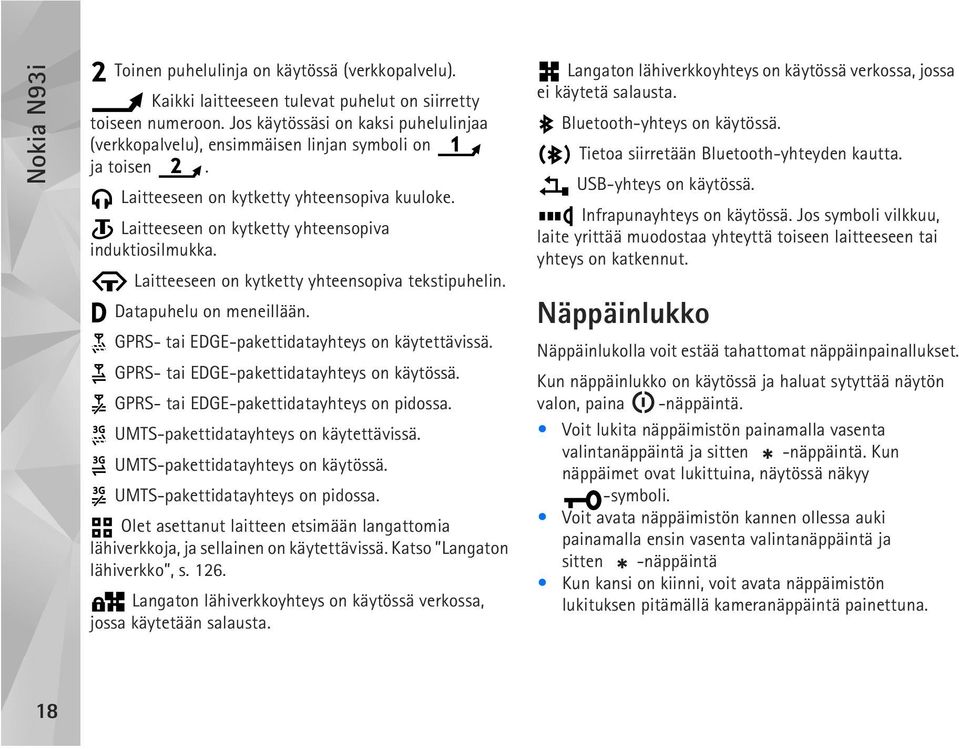 Laitteeseen on kytketty yhteensopiva tekstipuhelin. Datapuhelu on meneillään. GPRS- tai EDGE-pakettidatayhteys on käytettävissä. GPRS- tai EDGE-pakettidatayhteys on käytössä.