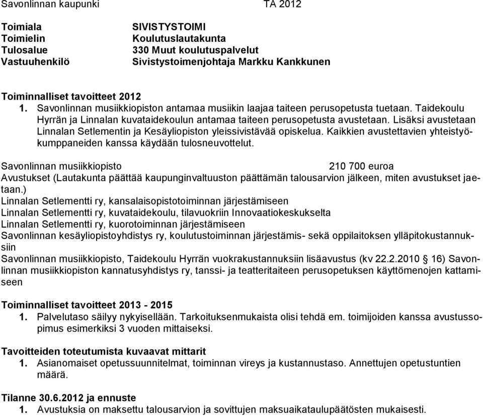 Lisäksi avustetaan Linnalan Setlementin ja Kesäyliopiston yleissivistävää opiskelua. Kaikkien avustettavien yhteistyökumppaneiden kanssa käydään tulosneuvottelut.