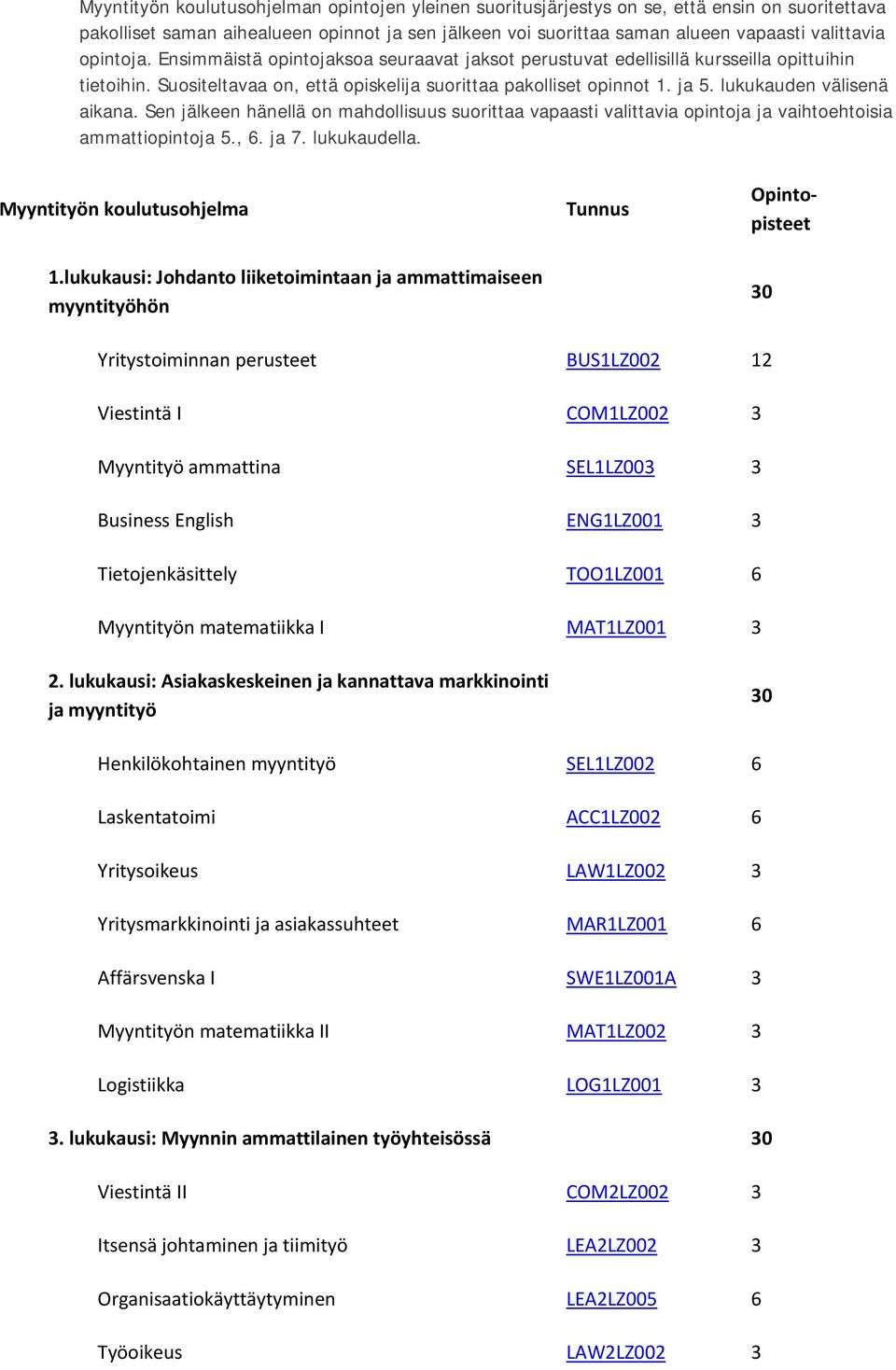 lukukauden välisenä aikana. Sen jälkeen hänellä on mahdollisuus suorittaa vapaasti valittavia opintoja ja vaihtoehtoisia ammattiopintoja 5., 6. ja 7. lukukaudella. Myyntityön koulutusohjelma 1.