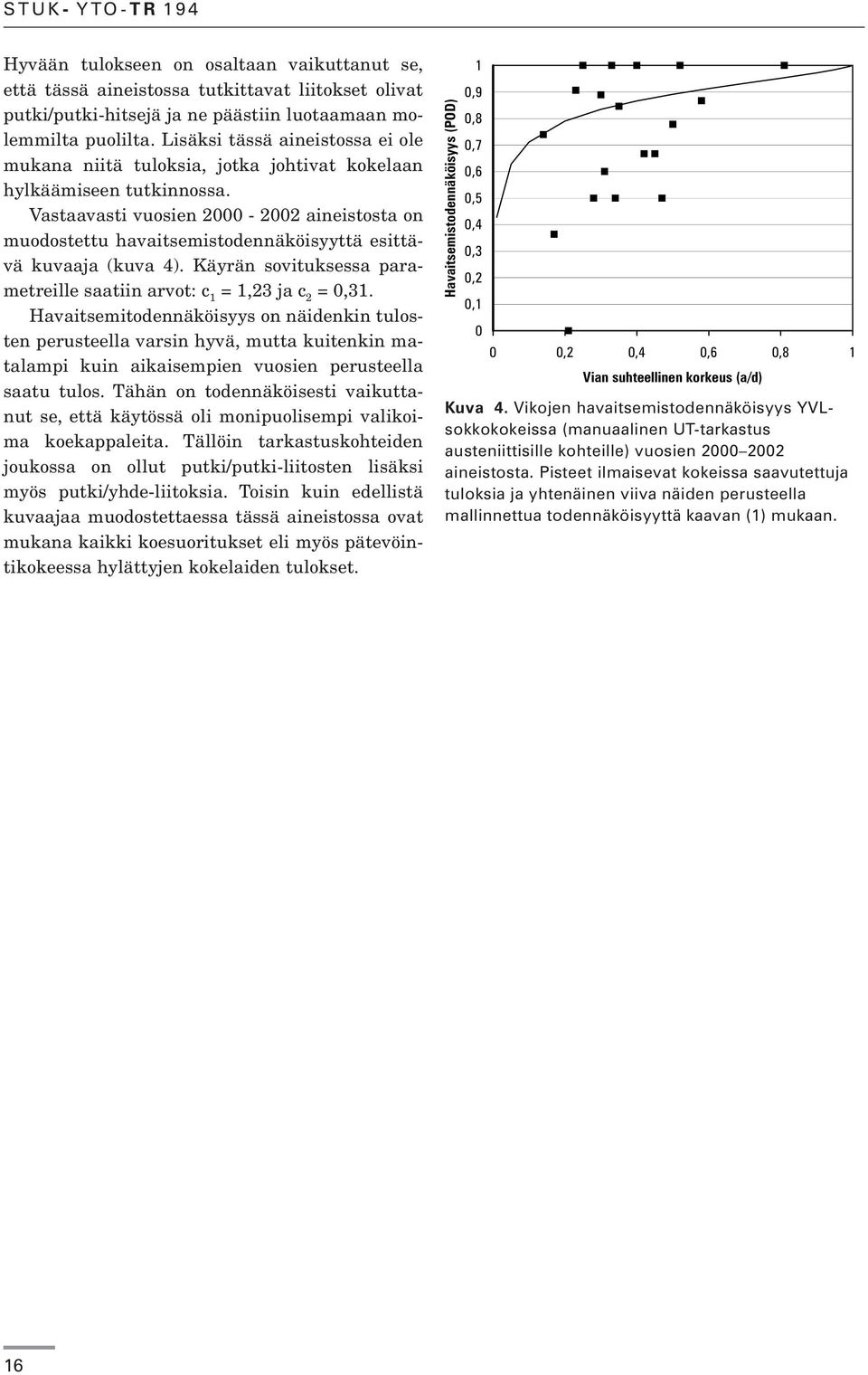 Vastaavasti vuosien 2000-2002 aineistosta on muodostettu havaitsemistodennäköisyyttä esittävä kuvaaja (kuva 4). Käyrän sovituksessa parametreille saatiin arvot: c 1 = 1,23 ja c 2 = 0,31.