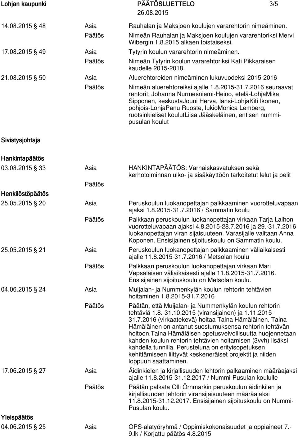 2016 seuraavat rehtorit: Johanna Nurmesniemi-Heino, etelä-lohjamika Sipponen, keskustajouni Herva, länsi-lohjakiti Ikonen, pohjois-lohjapanu Ruoste, lukiomonica Lemberg, ruotsinkieliset koulutliisa
