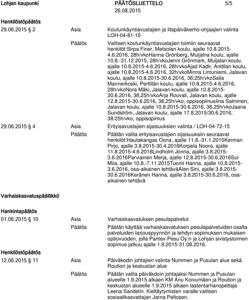 8.2015-30.6.2016, 38,25h/vkoSaila Mannerkoski, Perttilän koulu, ajalle 10.8.2015-4.6.2016, 28h/vkoNora Mäki, Jalavan koulu, ajalle 10.8.2015-30.6.2016, 38,25h/vkoArja Rouvali, Jalavan koulu, ajalle 12.