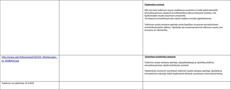 Tutkinnon osasta vastaava opettaja antaa lopullisen arvosanan perusteluineen arviointikeskustelun jälkeen. Opiskelija saa osaamispisteensä tutkinnon osasta, kun arvosana on rekisteröity. http://www.