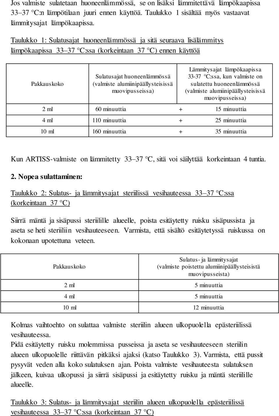 alumiinipäällysteisissä muovipusseissa) Lämmitysajat lämpökaapissa 33-37 C:ssa, kun valmiste on sulatettu huoneenlämmössä (valmiste alumiinipäällysteisissä muovipusseissa) 2 ml 60 minuuttia + 15