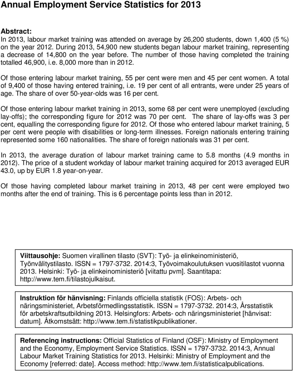 Of those entering labour market training, 55 per cent were men and 45 per cent women. A total of 9,400 of those having entered training, i.e. 19 per cent of all entrants, were under 25 years of age.