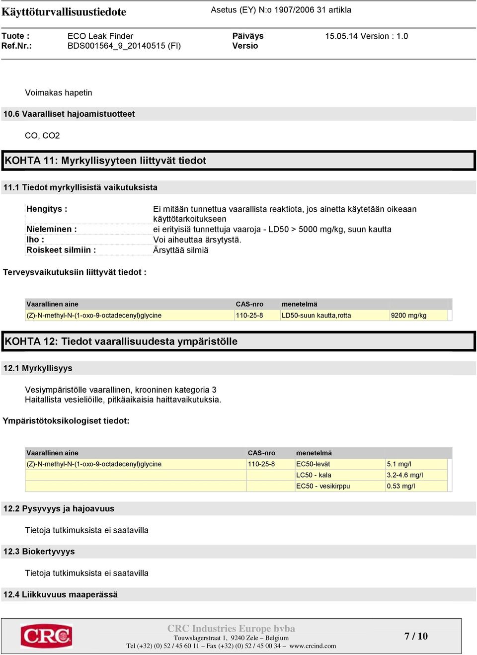 tunnettuja vaaroja - LD50 > 5000 mg/kg, suun kautta Voi aiheuttaa ärsytystä.