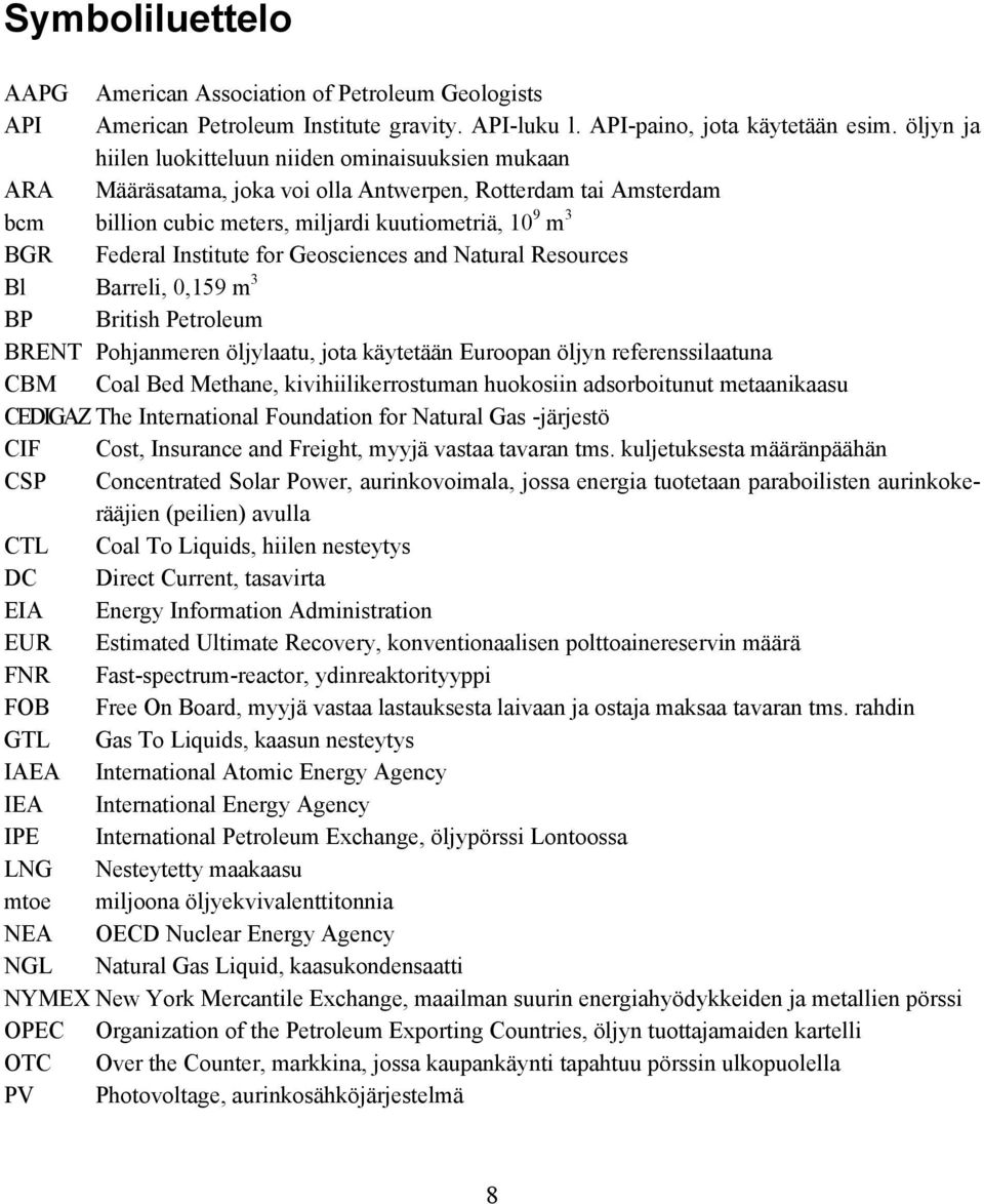 Institute for Geosciences and Natural Resources Bl Barreli, 0,159 m 3 BP British Petroleum BRENT Pohjanmeren öljylaatu, jota käytetään Euroopan öljyn referenssilaatuna CBM Coal Bed Methane,