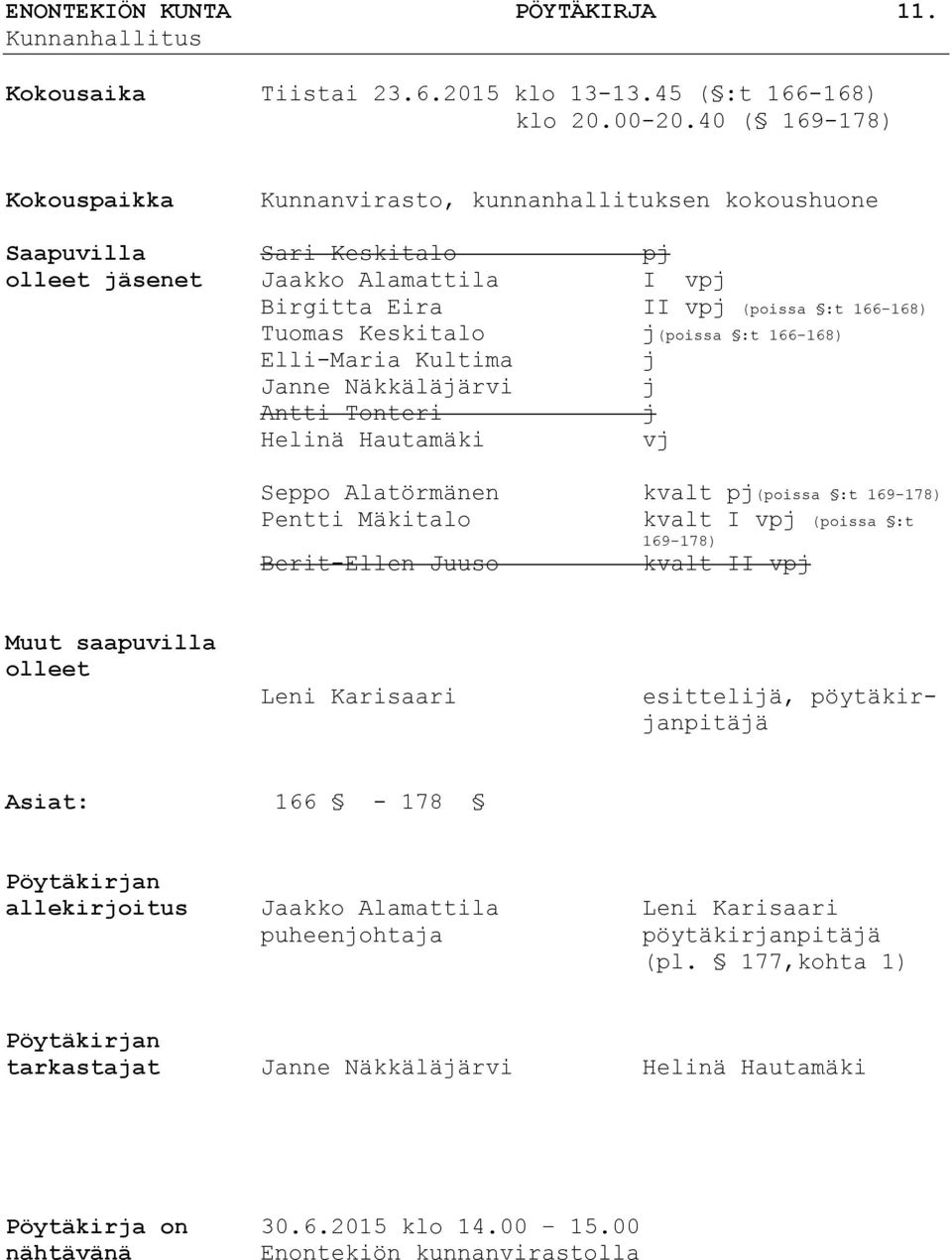 j(poissa :t 166-168) Elli-Maria Kultima j Janne Näkkäläjärvi j Antti Tonteri j Helinä Hautamäki vj Seppo Alatörmänen kvalt pj(poissa :t 169-178) Pentti Mäkitalo kvalt I vpj (poissa :t 169-178)