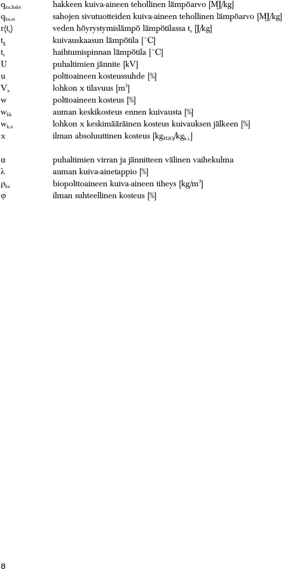 [m 3 ] w polttoaineen kosteus [%] w kk auman keskikosteus ennen kuivausta [%] w k,x lohkon x keskimääräinen kosteus kuivauksen jälkeen [%] x ilman absoluuttinen kosteus [kg