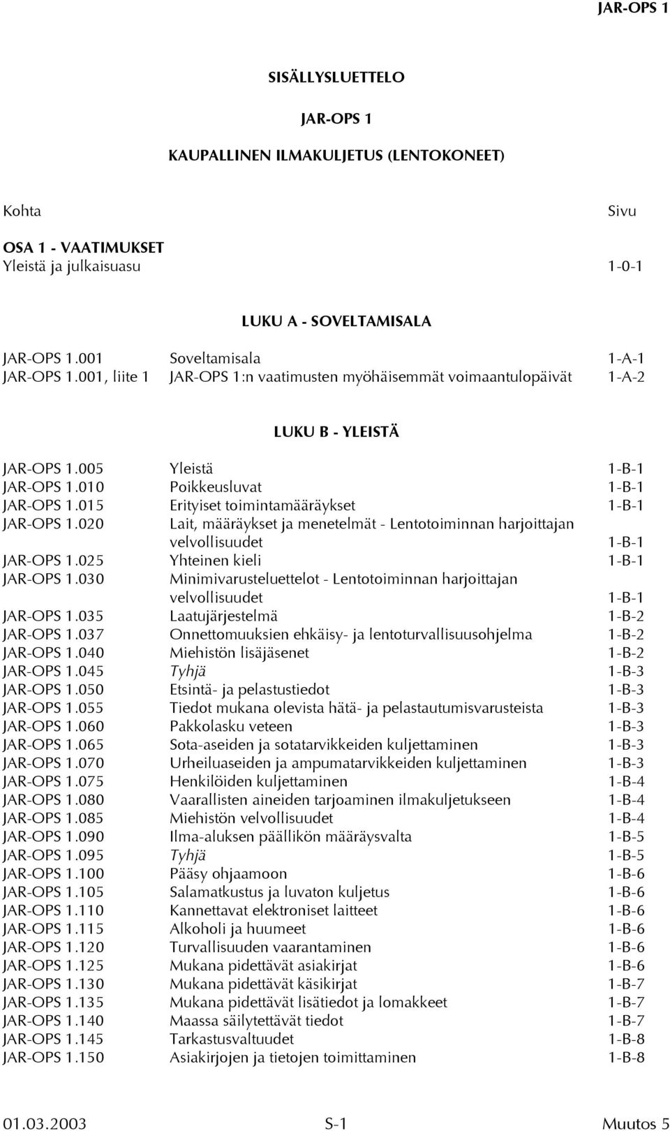 015 Erityiset toimintamääräykset 1-B-1 JAR-OPS 1.020 Lait, määräykset ja menetelmät - Lentotoiminnan harjoittajan velvollisuudet 1-B-1 JAR-OPS 1.025 Yhteinen kieli 1-B-1 JAR-OPS 1.