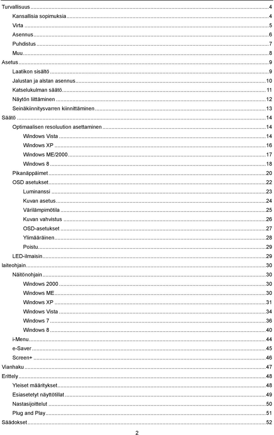 .. 18 Pikanäppäimet... 20 OSD asetukset... 22 Luminanssi... 23 Kuvan asetus... 24 Värilämpimötila... 25 Kuvan vahvistus... 26 OSD-asetukset... 27 Ylimääräinen... 28 Poistu... 29 LED-ilmaisin.