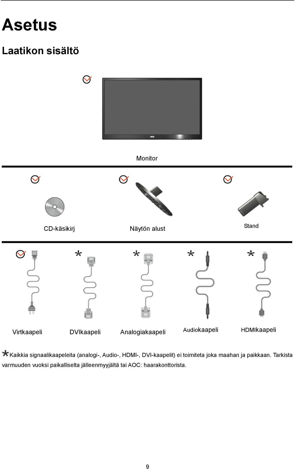 (analogi-, Audio-, HDMI-, DVI-kaapelit) ei toimiteta joka maahan ja paikkaan.