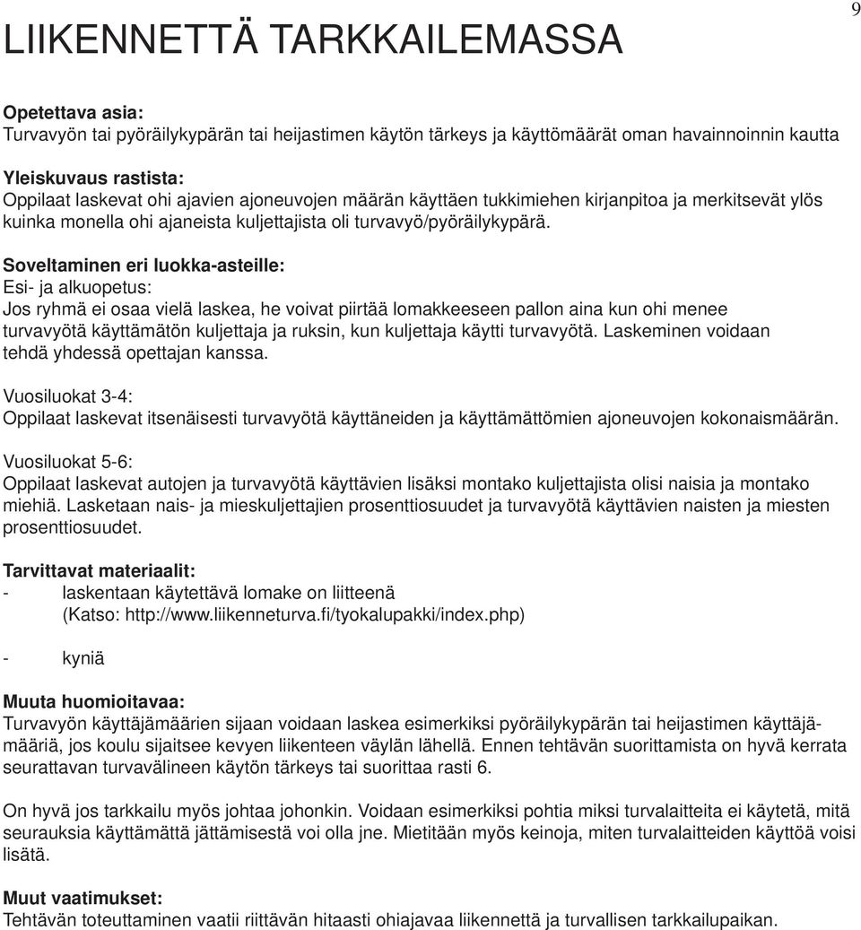 Esi- ja alkuopetus: Jos ryhmä ei osaa vielä laskea, he voivat piirtää lomakkeeseen pallon aina kun ohi menee turvavyötä käyttämätön kuljettaja ja ruksin, kun kuljettaja käytti turvavyötä.