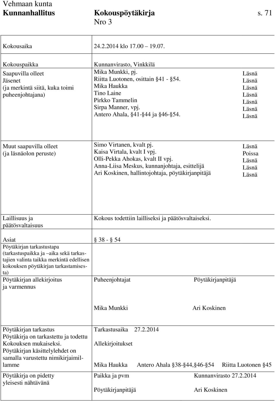 Mika Haukka Tino Laine Pirkko Tammelin Sirpa Manner, vpj. Antero Ahala, 41-44 ja 46-54. Läsnä Läsnä Läsnä Läsnä Läsnä Läsnä Läsnä Muut saapuvilla olleet (ja läsnäolon peruste) Simo Virtanen, kvalt pj.