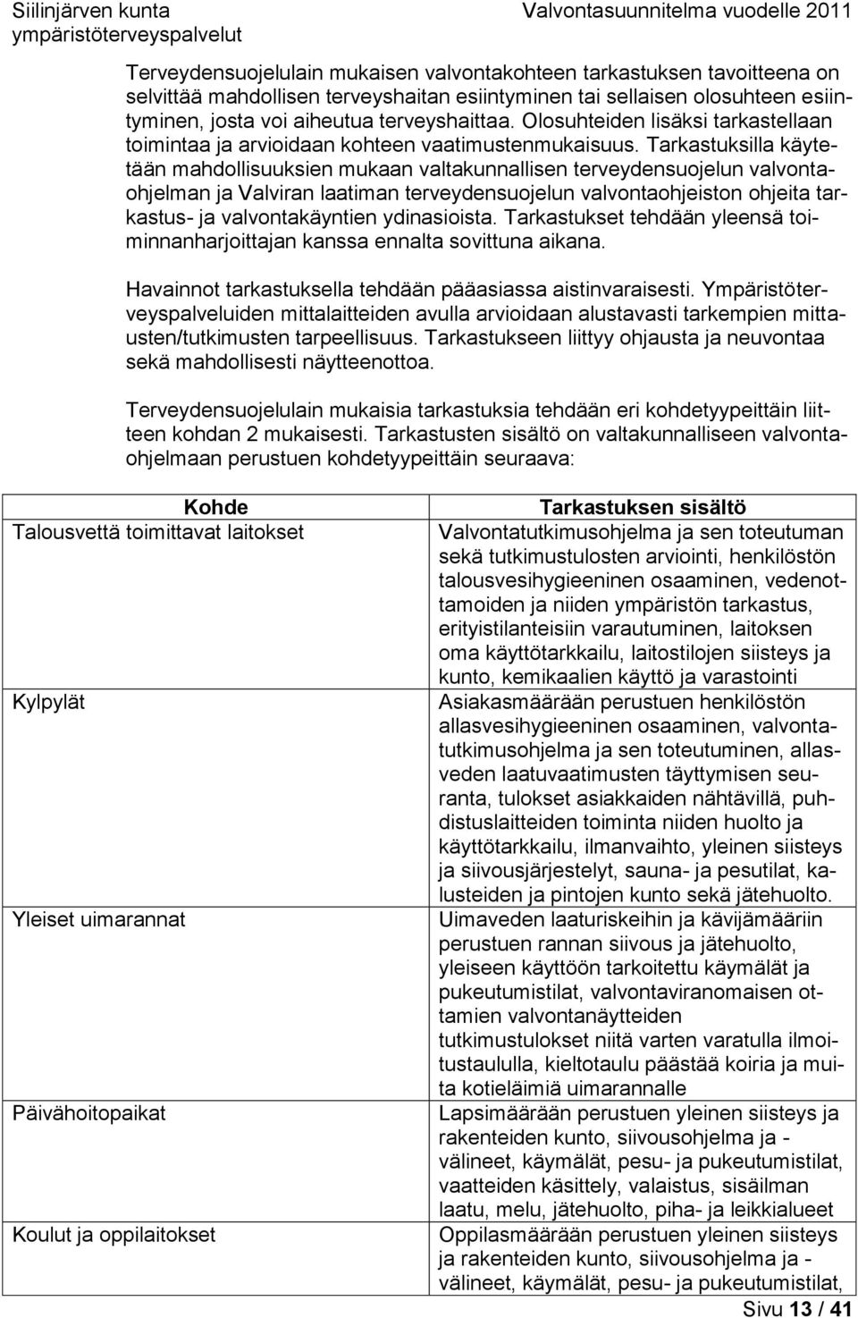 Tarkastuksilla käytetään mahdollisuuksien mukaan valtakunnallisen terveydensuojelun valvontaohjelman ja Valviran laatiman terveydensuojelun valvontaohjeiston ohjeita tarkastus- ja valvontakäyntien