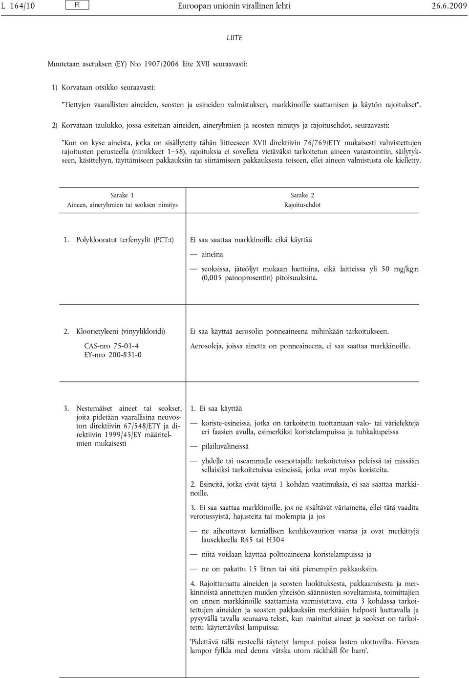 2) Korvataan taulukko, jossa esitetään aineiden, aineryhmien ja seosten nimitys ja rajoitusehdot, seuraavasti: Kun on kyse aineista, jotka on sisällytetty tähän liitteeseen XVII direktiivin