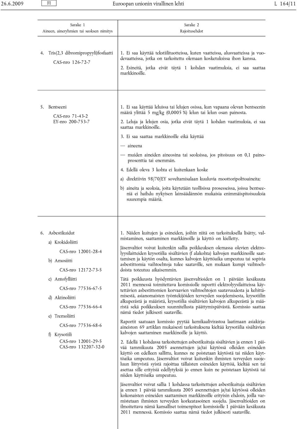 Esineitä, jotka eivät täytä 1 kohdan vaatimuksia, ei saa saattaa markkinoille. 5. Bentseeni CAS-nro 71-43-2 EY-nro 200-753-7 1.