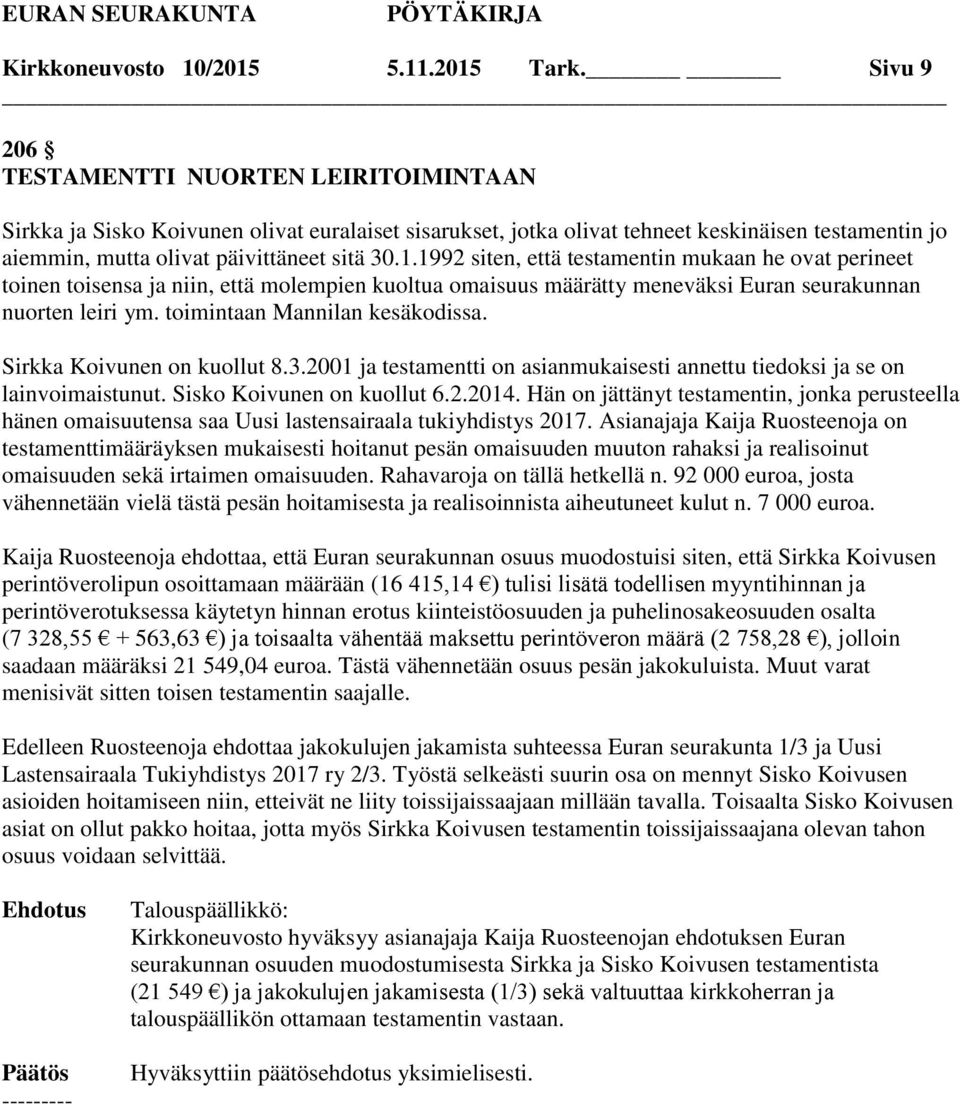 1992 siten, että testamentin mukaan he ovat perineet toinen toisensa ja niin, että molempien kuoltua omaisuus määrätty meneväksi Euran seurakunnan nuorten leiri ym. toimintaan Mannilan kesäkodissa.