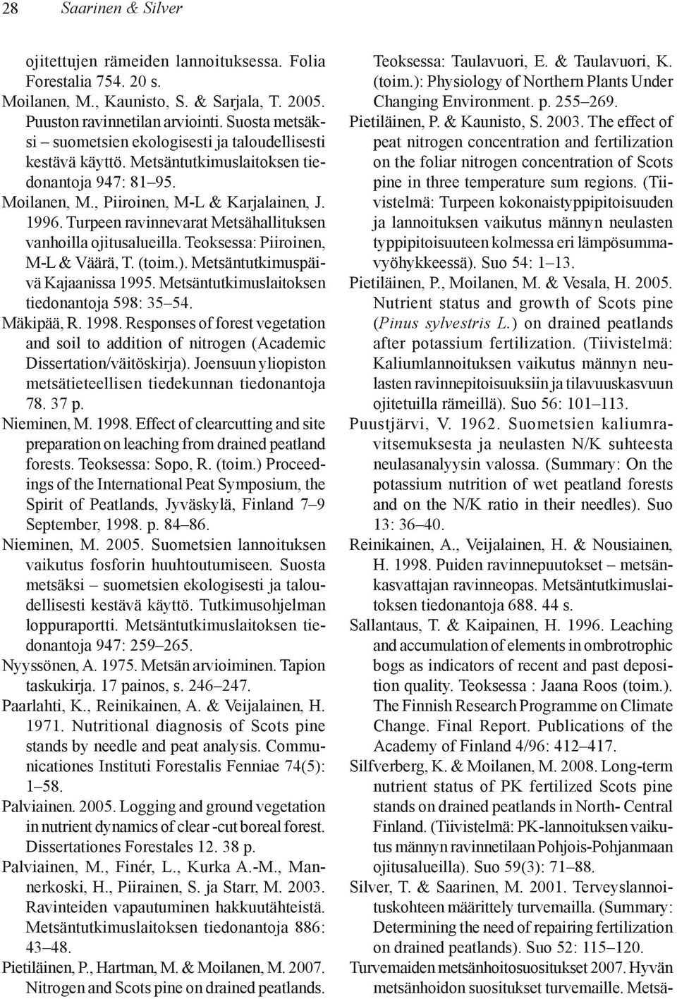 Turpeen ravinnevarat Metsähallituksen vanhoilla ojitusalueilla. Teoksessa: Piiroinen, M-L & Väärä, T. (toim.). Metsäntutkimuspäivä Kajaanissa 1995. Metsäntutkimuslaitoksen tiedonantoja 598: 35 54.