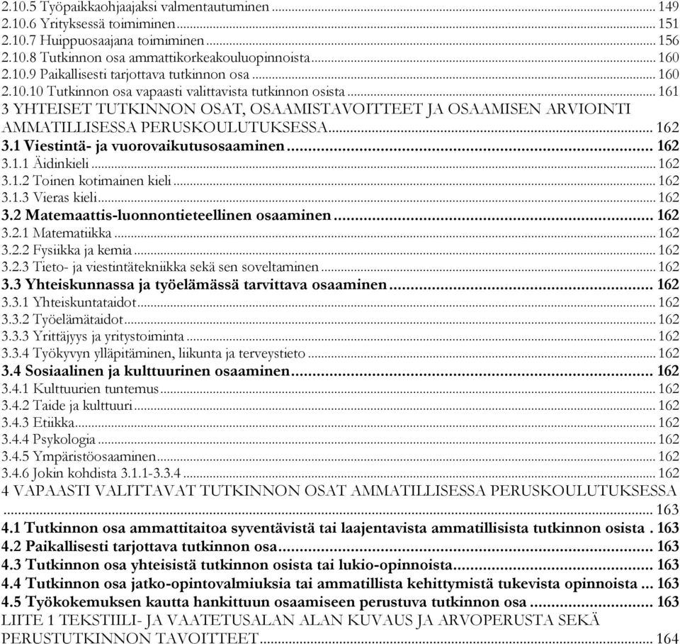 1 Viestintä- ja vuorovaikutusosaaminen... 162 3.1.1 Äidinkieli... 162 3.1.2 Toinen kotimainen kieli... 162 3.1.3 Vieras kieli... 162 3.2 Matemaattis-luonnontieteellinen osaaminen... 162 3.2.1 Matematiikka.