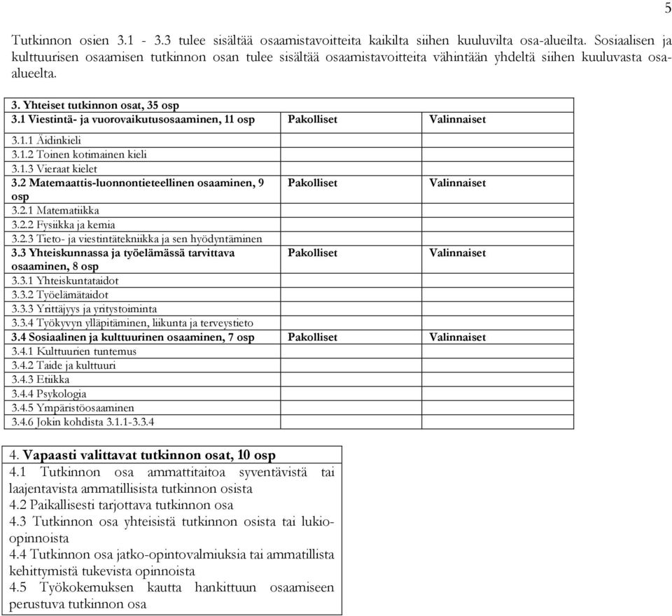 1 Viestintä- ja vuorovaikutusosaaminen, 11 osp Pakolliset Valinnaiset 3.1.1 Äidinkieli 3.1.2 Toinen kotimainen kieli 3.1.3 Vieraat kielet 3.