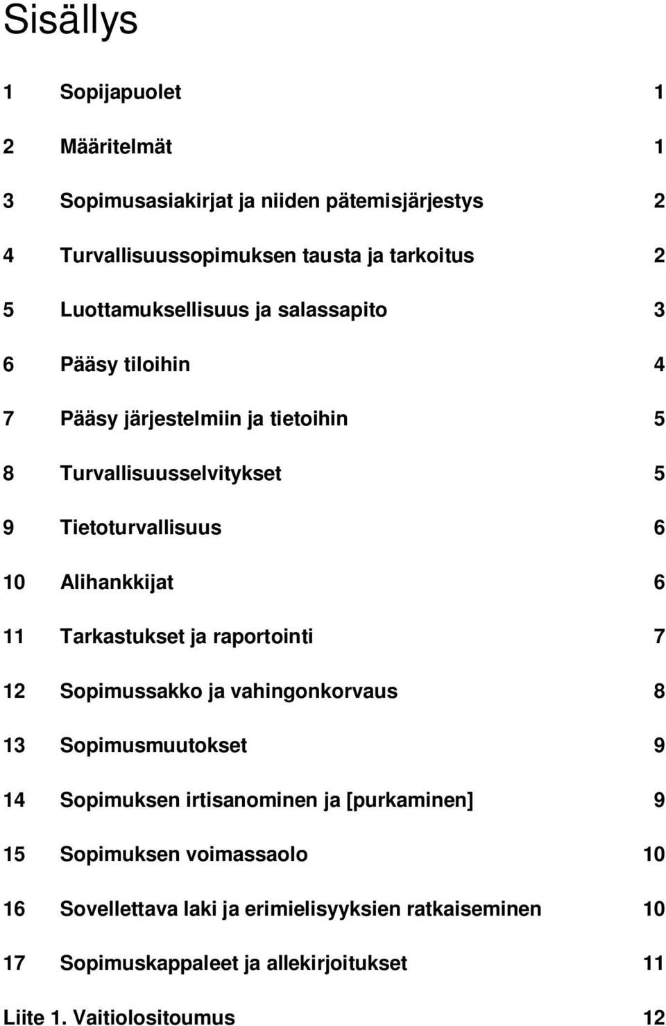 Alihankkijat 6 11 Tarkastukset ja raportointi 7 12 Sopimussakko ja vahingonkorvaus 8 13 Sopimusmuutokset 9 14 Sopimuksen irtisanominen ja