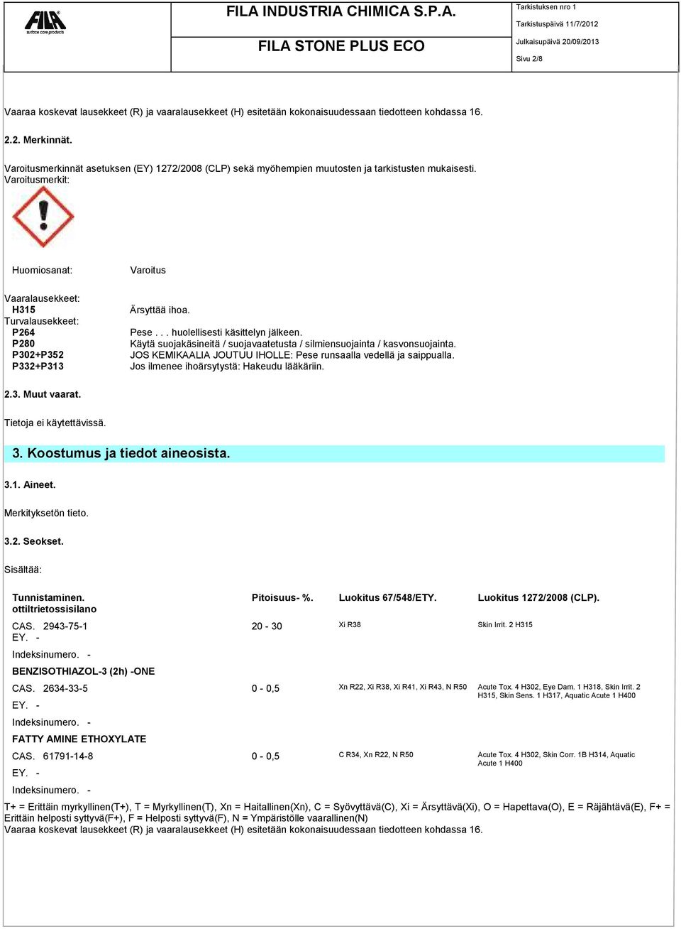 Varoitusmerkit: Huomiosanat: Varoitus Vaaralausekkeet: H315 Turvalausekkeet: P264 P280 P302+P352 P332+P313 Ärsyttää ihoa. Pese... huolellisesti käsittelyn jälkeen.