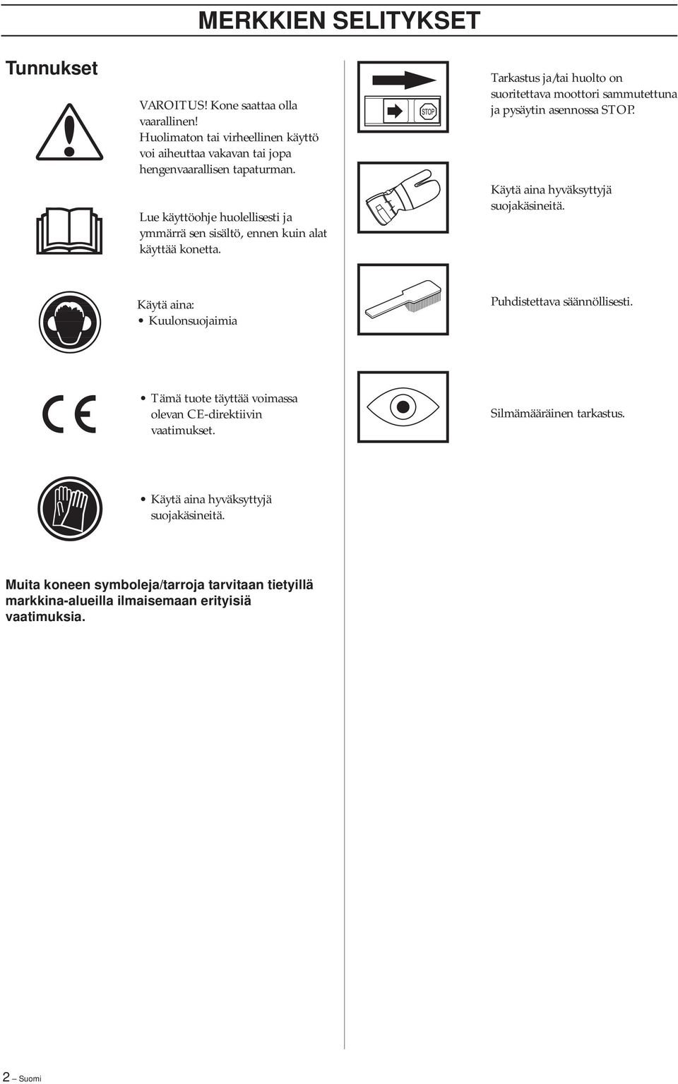 Tarkastus ja/tai huolto on suoritettava moottori sammutettuna ja pysäytin asennossa STOP. Käytä aina hyväksyttyjä suojakäsineitä.