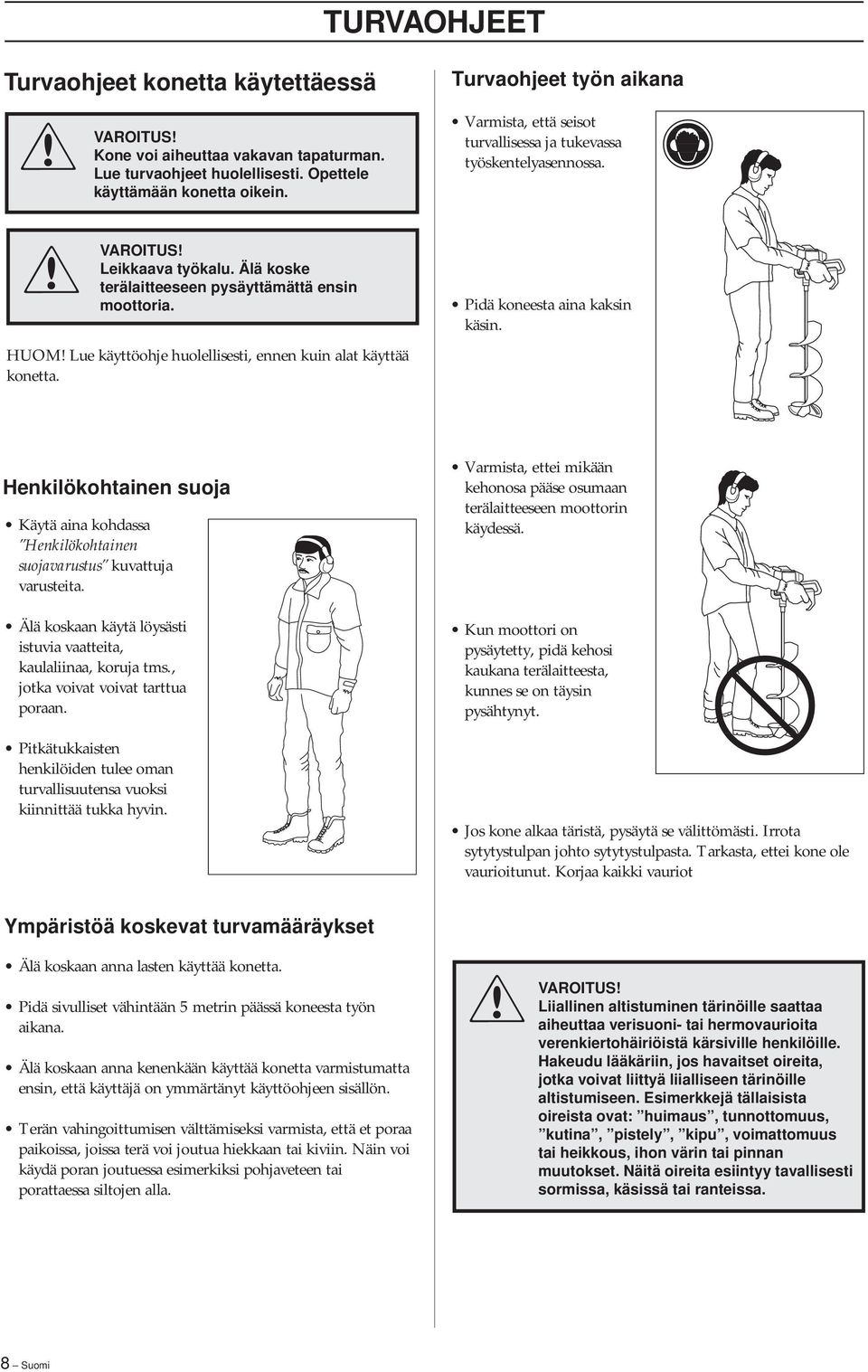 HUOM Lue käyttöohje huolellisesti, ennen kuin alat käyttää konetta. Pidä koneesta aina kaksin käsin. Henkilökohtainen suoja Käytä aina kohdassa Henkilökohtainen suojavarustus kuvattuja varusteita.