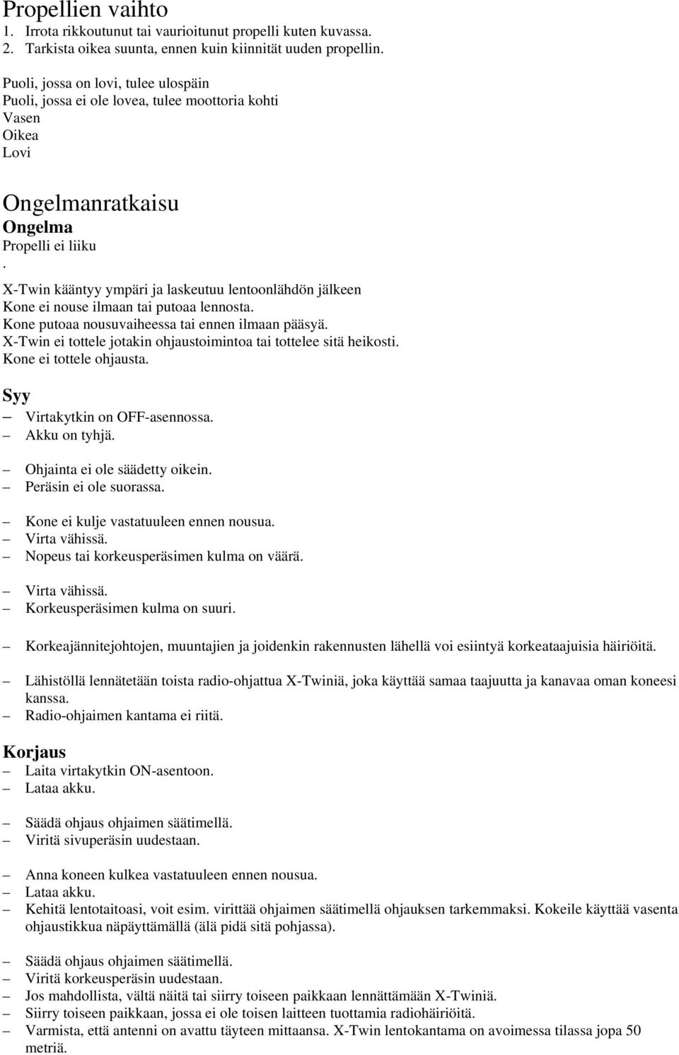 X-Twin kääntyy ympäri ja laskeutuu lentoonlähdön jälkeen Kone ei nouse ilmaan tai putoaa lennosta. Kone putoaa nousuvaiheessa tai ennen ilmaan pääsyä.