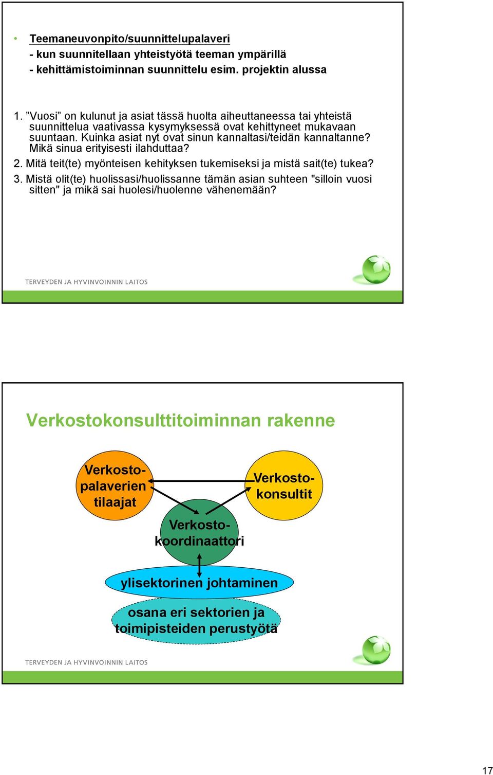 Kuinka asiat nyt ovat sinun kannaltasi/teidän kannaltanne? Mikä sinua erityisesti ilahduttaa? 2. Mitä teit(te) myönteisen kehityksen tukemiseksi ja mistä sait(te) tukea? 3.