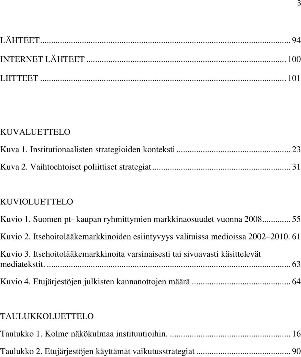 Itsehoitolääkemarkkinoiden esiintyvyys valituissa medioissa 2002 2010. 61 Kuvio 3.