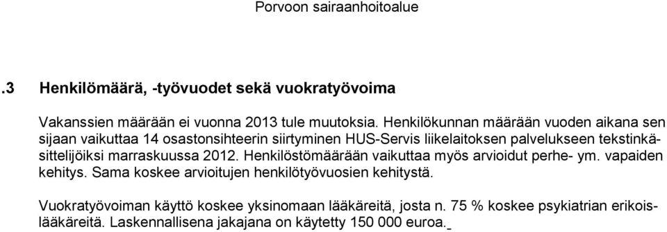 tekstinkäsittelijöiksi marraskuussa 2012. Henkilöstömäärään vaikuttaa myös arvioidut perhe- ym. vapaiden kehitys.