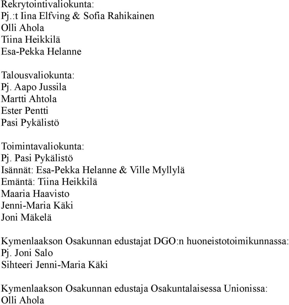 Pasi Pykälistö Isännät: Esa-Pekka Helanne & Ville Myllylä Emäntä: Tiina Heikkilä Maaria Haavisto Jenni-Maria Käki Joni Mäkelä