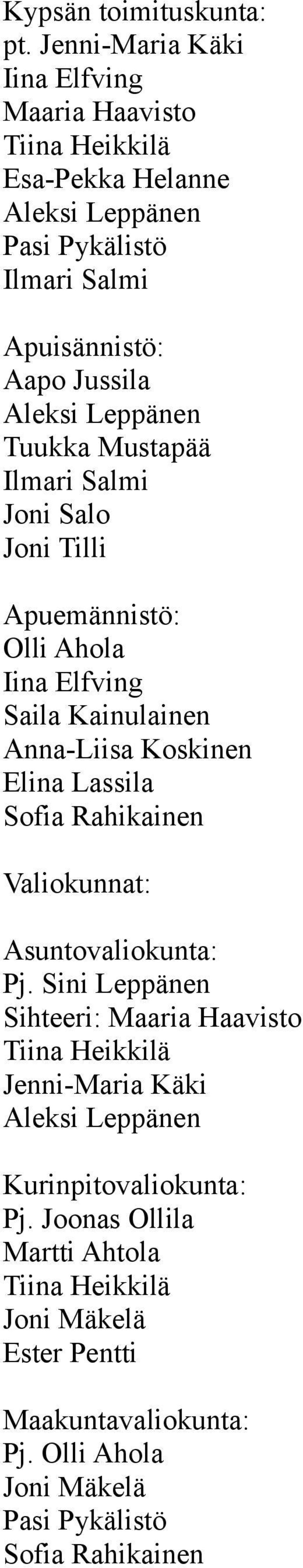 Leppänen Tuukka Mustapää Ilmari Salmi Joni Salo Joni Tilli Apuemännistö: Olli Ahola Iina Elfving Saila Kainulainen Anna-Liisa Koskinen Elina Lassila Sofia