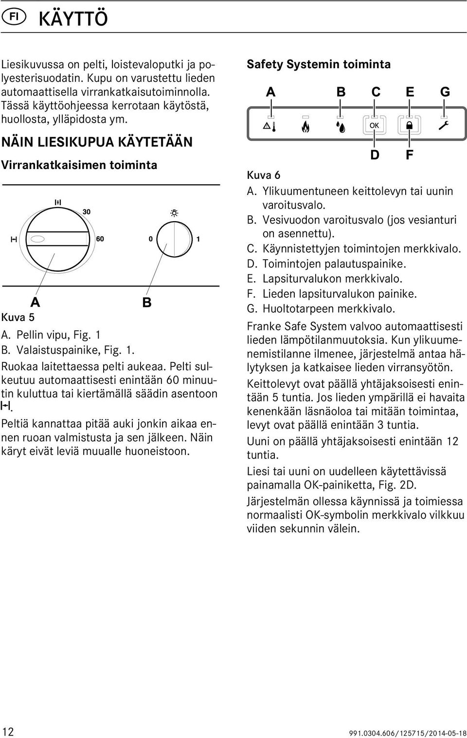 Pelti sulkeutuu automaattisesti enintään 60 minuutin kuluttua tai kiertämällä säädin asentoon. Peltiä kannattaa pitää auki jonkin aikaa ennen ruoan valmistusta ja sen jälkeen.